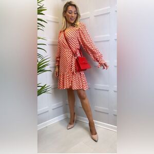 NEW FRNCH Monique Orange White Checkered Mini Long Sleeve Raffle Wrap Dress L